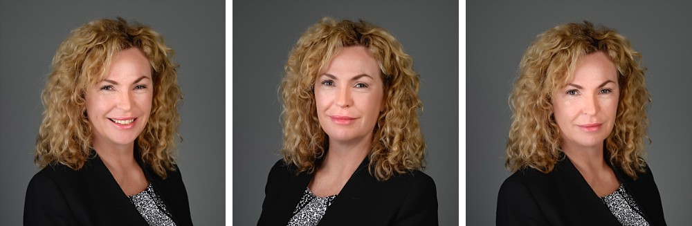 Caucasian woman with curly blonde hair in set of studio professional headshots