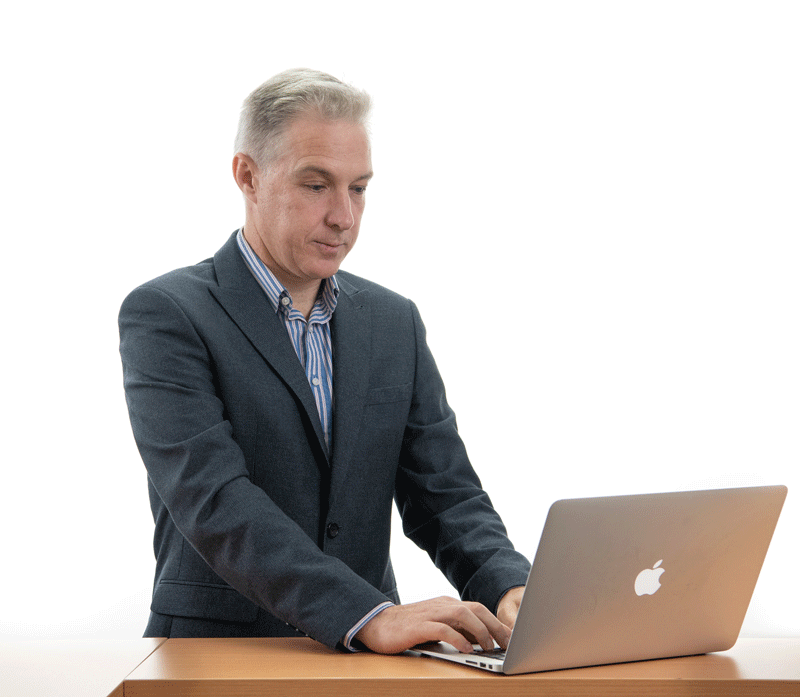 Animated headshot of businessman working on Apple laptop