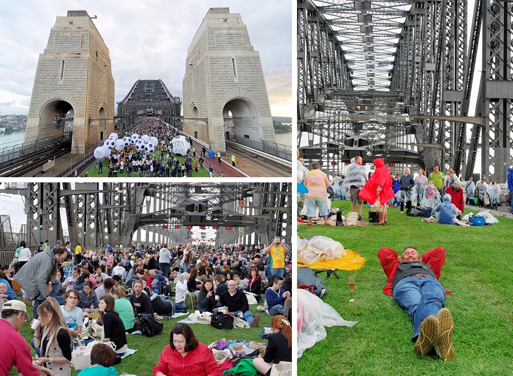 People enjoy a picnic on the Sydney Harbour Bridge at Breakfast on the Bridge 2010