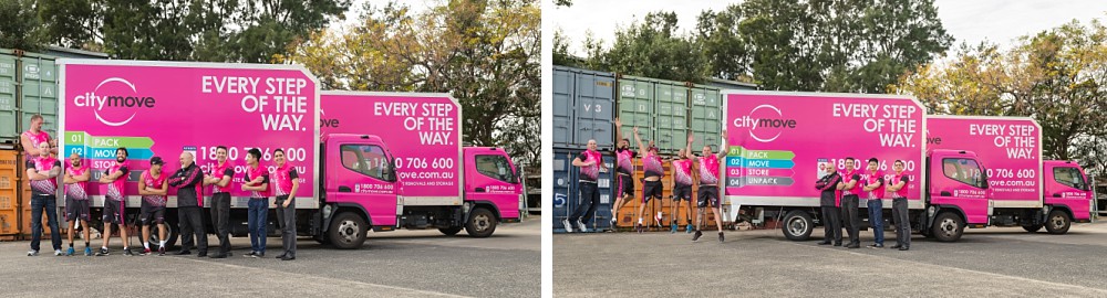 Group shot of removalists in front of Citymove truck in Mascot Sydney