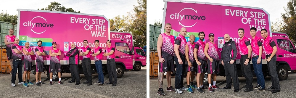 Corporate profile shot of removalist team after edits with perfect signage and no spots on ground