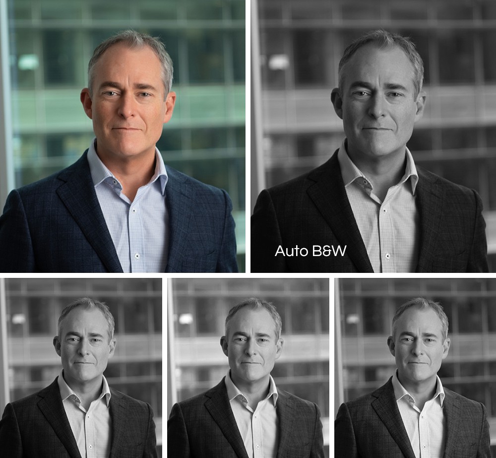 Comparison of color and B&W headshots in office