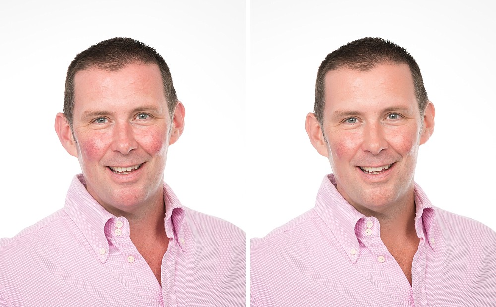 Retouched headshot comparision with Caucasian male